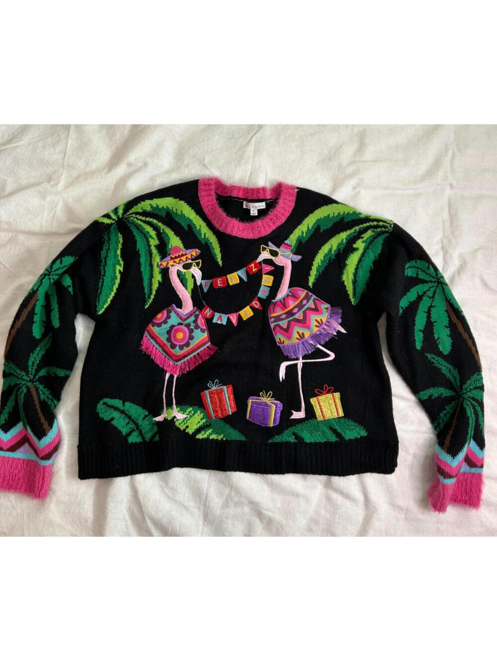 Jolly Sweaters Women XL Black Flamingo Tropical Feliz Navidad Ugly Christmas